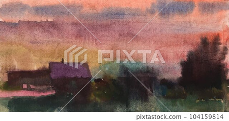 Rustic landscape at sunset watercolor illustration 104159814
