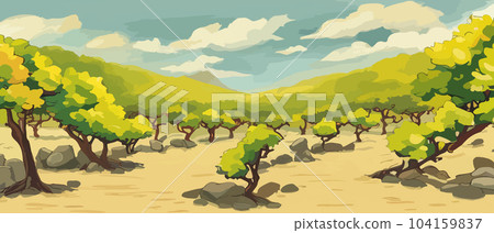 Rural landscape with a beautiful view of distant fields and hills vector illustration Rural landscape with a beautiful view of distant fields and hills vector illustration 104159837