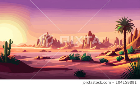 Desert background Summer with sun, sand, clouds, palms Trees Vector design style Nature Landscape. illustration desert oasis with cacti. Cacti flowers coming out of the ground with sand hills banner  104159891