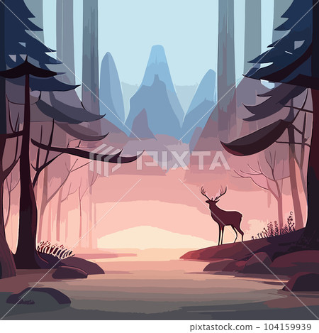 Natural background with forest silhouette with deer. mountain landscape with forest, deer. canvas art. Natural background with forest silhouette with deer. mountain landscape with forest, deer. canvas art. 104159939