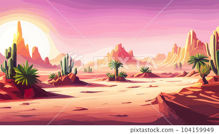 Desert background Summer with sun, sand, clouds, palms Trees Vector design style Nature Landscape. illustration desert oasis with cacti. Cacti flowers coming out of the ground with sand hills banner  104159949