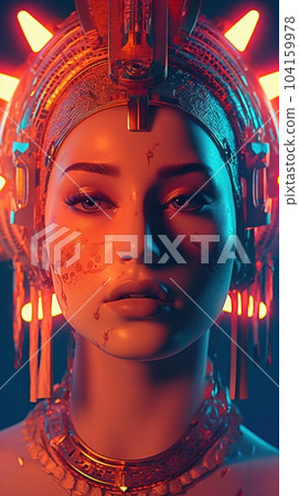 Portrait of a mystical fantasy bioluminescent neon woman. Glamorous fashionable lady. Generative AI Art. Portrait of a mystical fantasy bioluminescent neon woman. Glamorous fashionable lady. Generative AI Art. 104159978