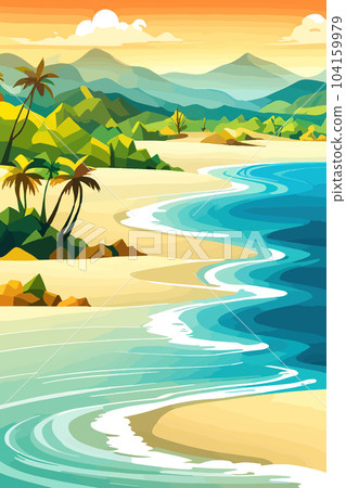 Top view of the summer sea beach. Top view of the ocean beach with soft waves. Beautiful background with shells on the sea sand. Vector illustration with plant shadows. With copy space 104159979