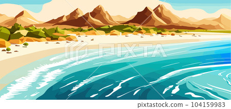 Top view of the summer sea beach. Top view of the ocean beach with soft waves. Beautiful background with shells on the sea sand. Vector illustration with plant shadows. with copy space banner 104159983