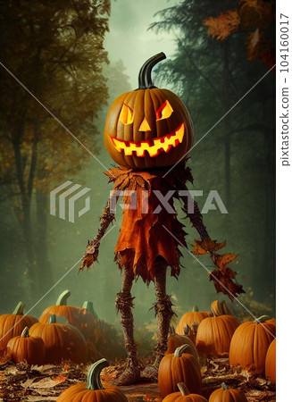 A dramatic, mystical backdrop for Halloween. Halloween pumpkins and Halloween holiday atmosphere. 3D rendering A dramatic, mystical backdrop for Halloween. Halloween pumpkins and Halloween holiday atmosphere. 3D rendering 104160017
