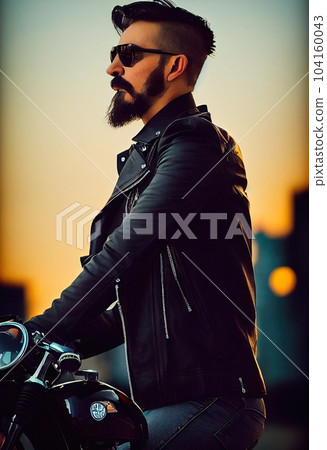 Handsome, bearded, brutal biker in a black leather jacket against the road. 3d rendering Handsome, bearded, brutal biker in a black leather jacket against the road. 3d rendering 104160043