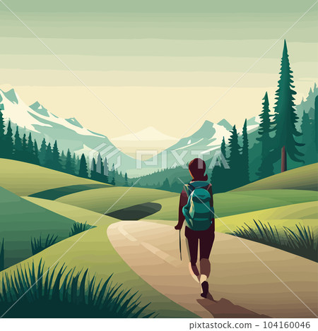 Adventure woman hiker enjoying hiking in mountains with nordic poles backpack flat vector illustration. Woman traveler travels with backpack. Happy tourist girl is ready for adventure. flat vector Adventure woman hiker enjoying hiking in mountains with nordic poles backpack flat vector illustration. Woman traveler travels with backpack. Happy tourist girl is ready for adventure. flat vector 104160046