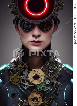A fictional person, not based on a real person. Portrait of a vintage robot. An artistic abstract steampunk fantasy. Concept of a retro robot. 3d rendering A fictional person, not based on a real person. Portrait of a vintage robot. An artistic abstract steampunk fantasy. Concept of a retro robot. 3d rendering 104160047