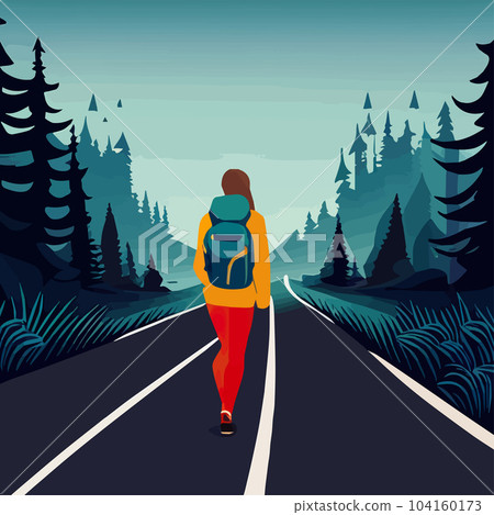 Adventure woman hiker enjoying hiking in mountains with nordic poles backpack flat vector illustration. Woman traveler travels with backpack. Happy tourist girl is ready for adventure. flat vector Adventure woman hiker enjoying hiking in mountains with nordic poles backpack flat vector illustration. Woman traveler travels with backpack. Happy tourist girl is ready for adventure. flat vector 104160173