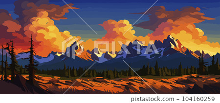 Vector autumn horizontal landscape with fog, forest, spruce, fir and morning sunlight. Autumn season Silhouette, fog and mountains panoramic view illustration. Vector autumn horizontal landscape with fog, forest, spruce, fir and morning sunlight. Autumn season Silhouette, fog and mountains panoramic view illustration. 104160259
