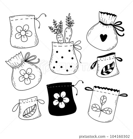 Eco bags. Collection doodles grocery bags, package. Vector illustration. Isolated hand line drawings. Environmental protection. 104160302