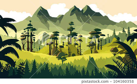 Mountain forests with autumn pines, forest clearing with grassy patches and dreamy cloud cover, beautiful vast untouched spring landscape Mountain forests with autumn pines, forest clearing with grassy patches and dreamy cloud cover, beautiful vast untouched spring landscape 104160358