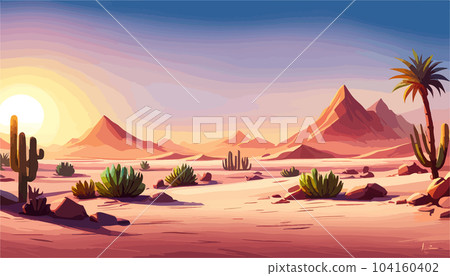 Desert background Summer with sun, sand, clouds, palms Trees Vector design style Nature Landscape. illustration desert oasis with cacti. Cacti flowers coming out of the ground with sand hills banner  104160402