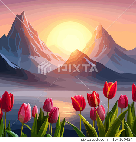 Spring landscape field tulips against backdrop mountains. Huge field colorful tulips, sky with clouds and sunset with sunbeams. Behind field is a mountain range. Spring vector illustration. Spring landscape field tulips against backdrop mountains. Huge field colorful tulips, sky with clouds and sunset with sunbeams. Behind field is a mountain range. Spring vector illustration. 104160424