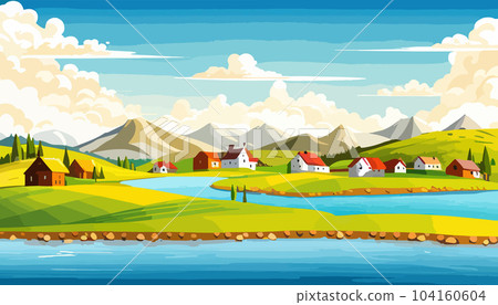 Vector illustration of a house in a rural area surrounded by panoramic meadows, mountains, and idyllic countryside 104160604