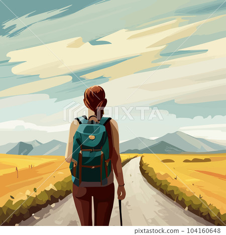 Adventure woman hiker enjoying hiking in mountains with nordic poles backpack flat vector illustration. Woman traveler travels with backpack. Happy tourist girl is ready for adventure. flat vector Adventure woman hiker enjoying hiking in mountains with nordic poles backpack flat vector illustration. Woman traveler travels with backpack. Happy tourist girl is ready for adventure. flat vector 104160648