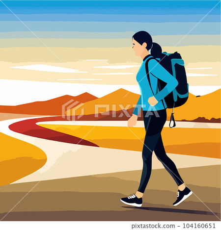 Woman against backdrop mountain looking. Travel concept discovering, exploring 104160651