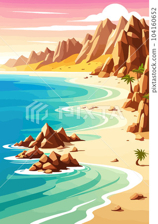 Top view of the summer sea beach. Top view of the ocean beach with soft waves. Beautiful background with shells on the sea sand. Vector illustration with plant shadows. With copy space Top view of the summer sea beach. Top view of the ocean beach with soft waves. Beautiful background with shells on the sea sand. Vector illustration with plant shadows. With copy space 104160652