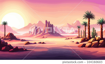 Desert background Summer with sun, sand, clouds, palms Trees Vector design style Nature Landscape. illustration desert oasis with cacti. Cacti flowers coming out of the ground with sand hills banner Desert background Summer with sun, sand, clouds, palms Trees Vector design style Nature Landscape. illustration desert oasis with cacti. Cacti flowers coming out of the ground with sand hills banner 104160683