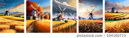 Windmill farm. Wheat field. Agriculture. Flour grinding mechanism. Windmill. Rural Dutch landscape with windmill and wheat field. Vertical format Windmill farm. Wheat field. Agriculture. Flour grinding mechanism. Windmill. Rural Dutch landscape with windmill and wheat field. Vertical format 104160723