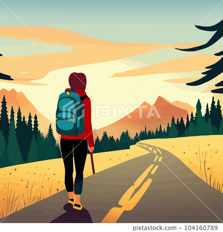 Adventure woman hiker enjoying hiking in mountains with nordic poles backpack flat vector illustration. Woman traveler travels with backpack. Happy tourist girl is ready for adventure. flat vector 104160789