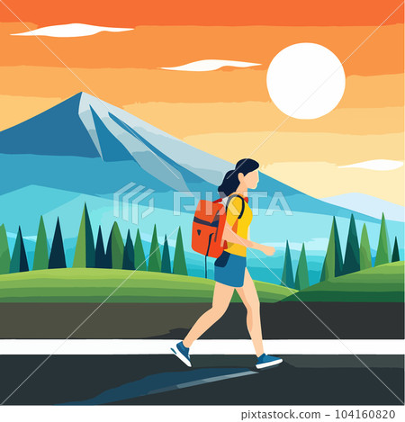 Adventure woman tourist enjoying hiking in mountains with and backpack flat Adventure woman tourist enjoying hiking in mountains with and backpack flat 104160820