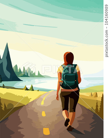 beautiful design with a sense of travel. A young woman with a backpack inspects the surroundings. Vector vertical illustration on a camping theme. branding that travels. beautiful design with a sense of travel. A young woman with a backpack inspects the surroundings. Vector vertical illustration on a camping theme. branding that travels. 104160989