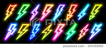 Neon blazing lightning strike in darkness. Night club rainbow bright banner sign of thunder light sparks storm flash thunderstorm. Power energy fast speed charge icons. Thunderbolt shape lamp concept Neon blazing lightning strike in darkness. Night club rainbow bright banner sign of thunder light sparks storm flash thunderstorm. Power energy fast speed charge icons. Thunderbolt shape lamp concept 104160992