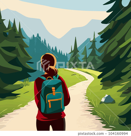 Adventure woman hiker enjoying hiking in mountains with nordic poles backpack flat vector illustration. Woman traveler travels with backpack. Happy tourist girl is ready for adventure. flat vector Adventure woman hiker enjoying hiking in mountains with nordic poles backpack flat vector illustration. Woman traveler travels with backpack. Happy tourist girl is ready for adventure. flat vector 104160994