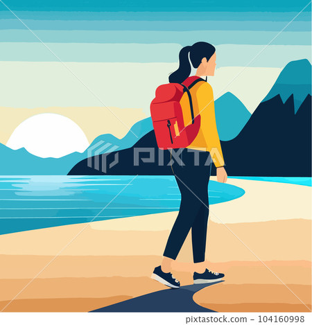 Adventure woman tourist enjoying hiking in mountains with and backpack flat Adventure woman tourist enjoying hiking in mountains with and backpack flat 104160998