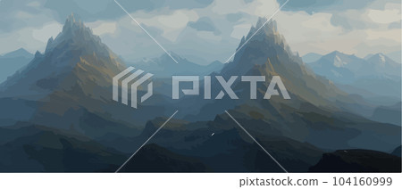 Fantasy epic magic mountain landscape. Mystical winter valley valley , Panoramic view of big mountains . Mountains landscape. Rural nature background. hills horizon 104160999