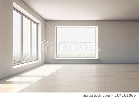 Empty room with beige and white smooth walls and floor, apartment with panoramic windows. Contemporary modern minimalist design. Generative AI 104161069