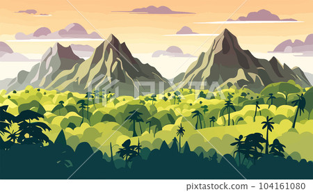 Mountain forests with autumn pines, forest clearing with grassy patches and dreamy cloud cover, beautiful vast untouched spring landscape 104161080