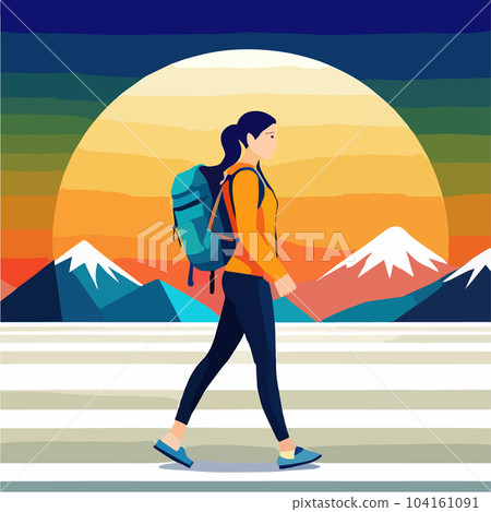 Adventure woman tourist enjoying hiking in mountains with and backpack flat Adventure woman tourist enjoying hiking in mountains with and backpack flat 104161091