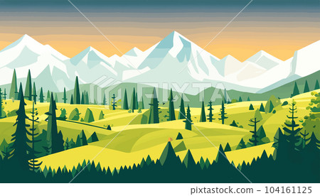 Mountain forests with autumn pines, forest clearing with grassy patches and dreamy cloud cover, beautiful vast untouched spring landscape 104161125