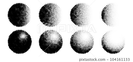 Halftone circle shapes set. Dotted textured spheres collection. Round fading gradient in comic and pop art style. Black spotted design elements bundle. Rasterized and pixelated background pack. Vector Halftone circle shapes set. Dotted textured spheres collection. Round fading gradient in comic and pop art style. Black spotted design elements bundle. Rasterized and pixelated background pack. Vector 104161133