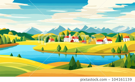Vector illustration of a house in a rural area surrounded by panoramic meadows, mountains, and idyllic countryside Vector illustration of a house in a rural area surrounded by panoramic meadows, mountains, and idyllic countryside 104161139