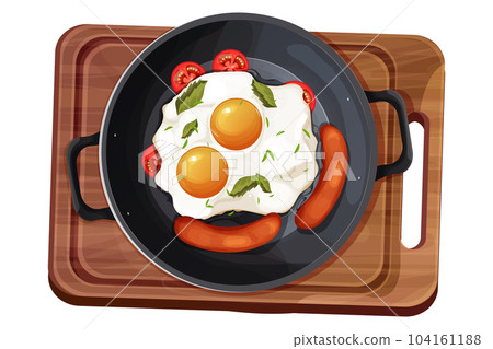 Fried egg sausages and tomatoes on skillet top view in cartoon style isolated on white background. Breakfast meal on wooden board 104161188