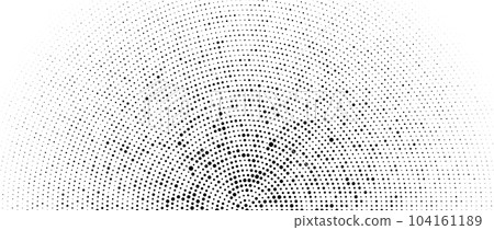 Halftone concentric dot lines background. Spotted and dotted half circles gradient. Radial fading comic texture. Black and white rough gritty wallpaper. Grunge monochrome pop art backdrop. Vector 104161189