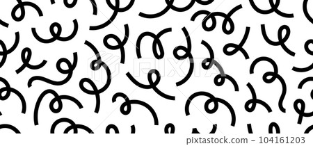 Abstract doodle lines seamless pattern. Black and white serpentine streamer repeating background. Cute childish scribble shapes and curved stripes wallpaper. Vector backdrop  104161203