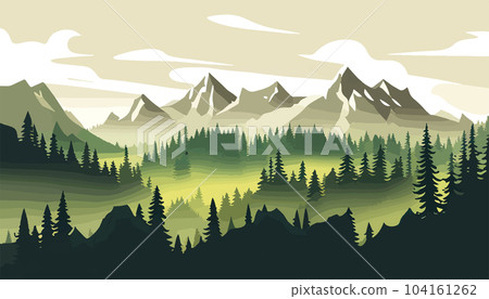 Mountain forests with autumn pines, forest clearing with grassy patches and dreamy cloud cover, beautiful vast untouched spring landscape Mountain forests with autumn pines, forest clearing with grassy patches and dreamy cloud cover, beautiful vast untouched spring landscape 104161262