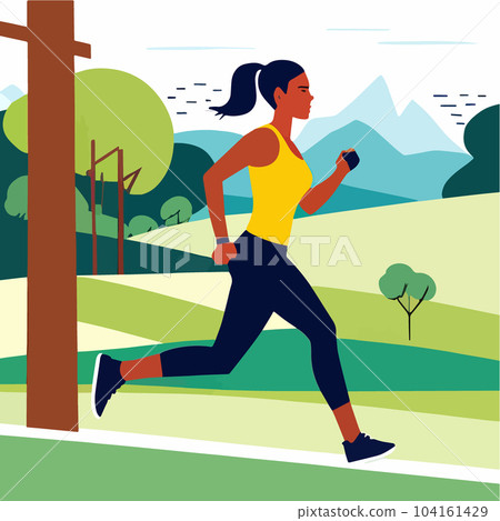 Woman running in park, Trail runner running on forest path at dawn 104161429