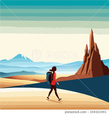Woman against backdrop mountain looking. Travel concept discovering, exploring Woman against backdrop mountain looking. Travel concept discovering, exploring 104161441