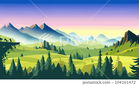 Mountain forests with autumn pines, forest clearing with grassy patches and dreamy cloud cover, beautiful vast untouched spring landscape 104161472
