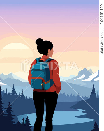 beautiful design with a sense of travel. A young woman with a backpack inspects the surroundings. Vector vertical illustration on a camping theme. branding that travels. 104161500