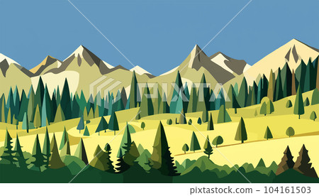 Mountain forests with autumn pines, forest clearing with grassy patches and dreamy cloud cover, beautiful vast untouched spring landscape 104161503