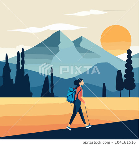 Tourist traveling in mountains looking in distance on ranges and pine tree 104161516