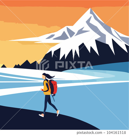Adventure woman tourist enjoying hiking in mountains with and backpack flat 104161518