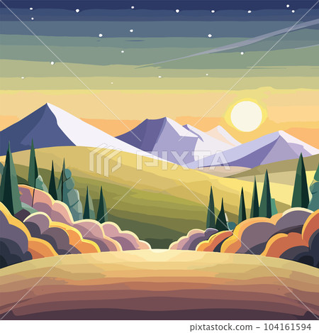 Flat natural view of green plants flowers and mountains. spring landscape. vector poster illustration 104161594
