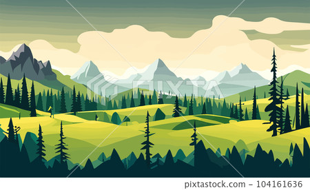 Mountain forests with autumn pines, forest clearing with grassy patches and dreamy cloud cover, beautiful vast untouched spring landscape 104161636